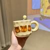 French Cream Bear Mug with Lid Spoon Cute Office Drinking Cup Home Couple Breakfast Cup