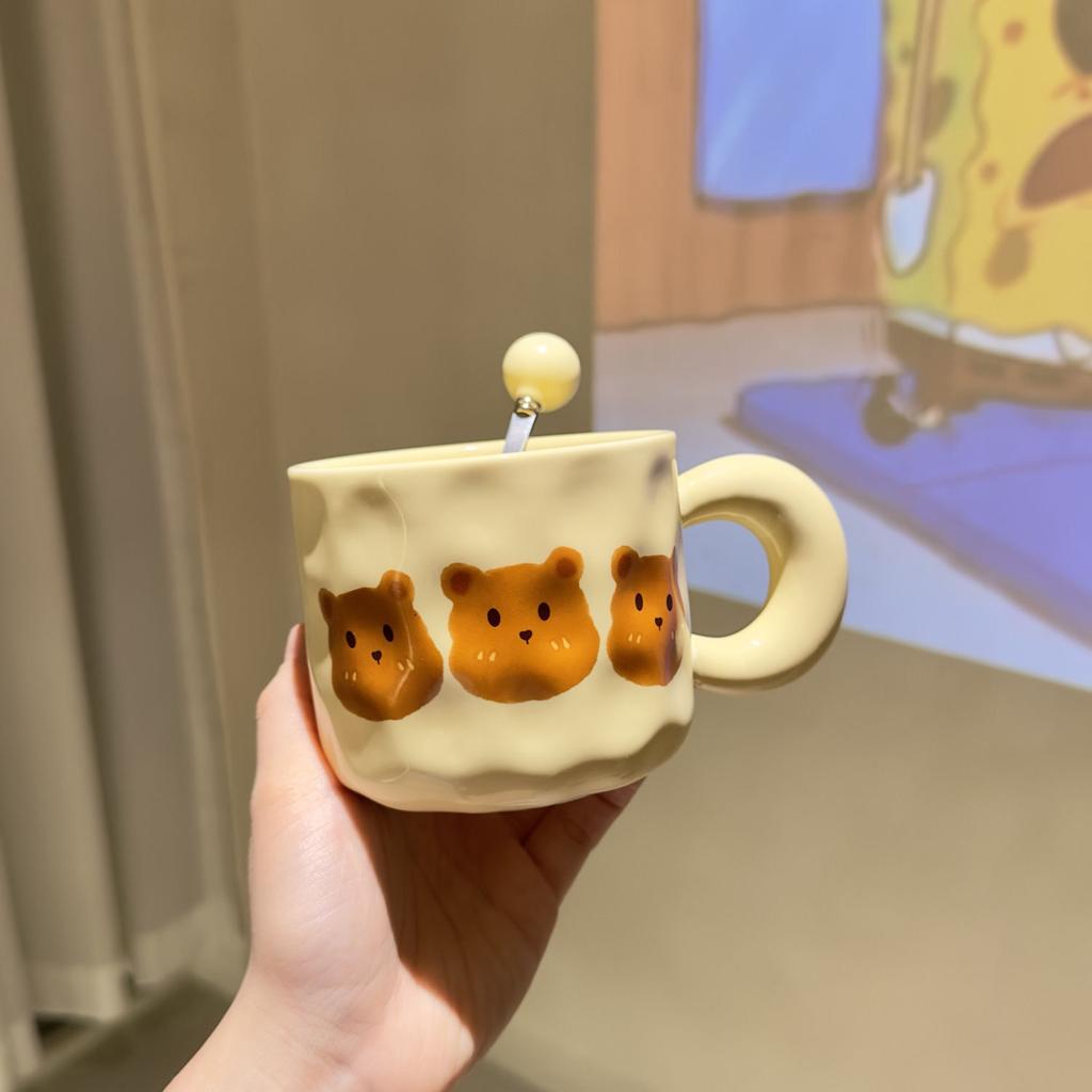 French Cream Bear Mug with Lid Spoon Cute Office Drinking Cup Home Couple Breakfast Cup
