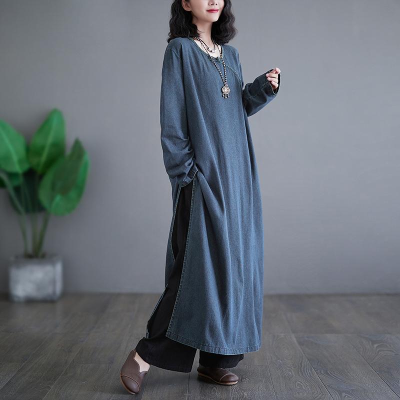 Spring Women Denim Dress Cotton Casual Vintage Loose Oversized Dress Long Sleeve Basic