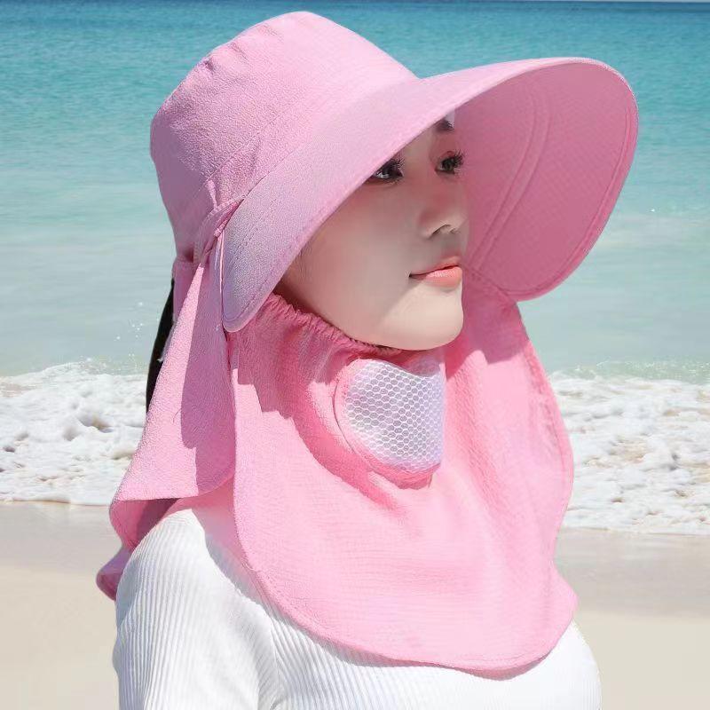 Summer sun hat women's sun protection face covering shawl hat riding face protection big eaves hat mask tea picking hat small cherry can be folded
