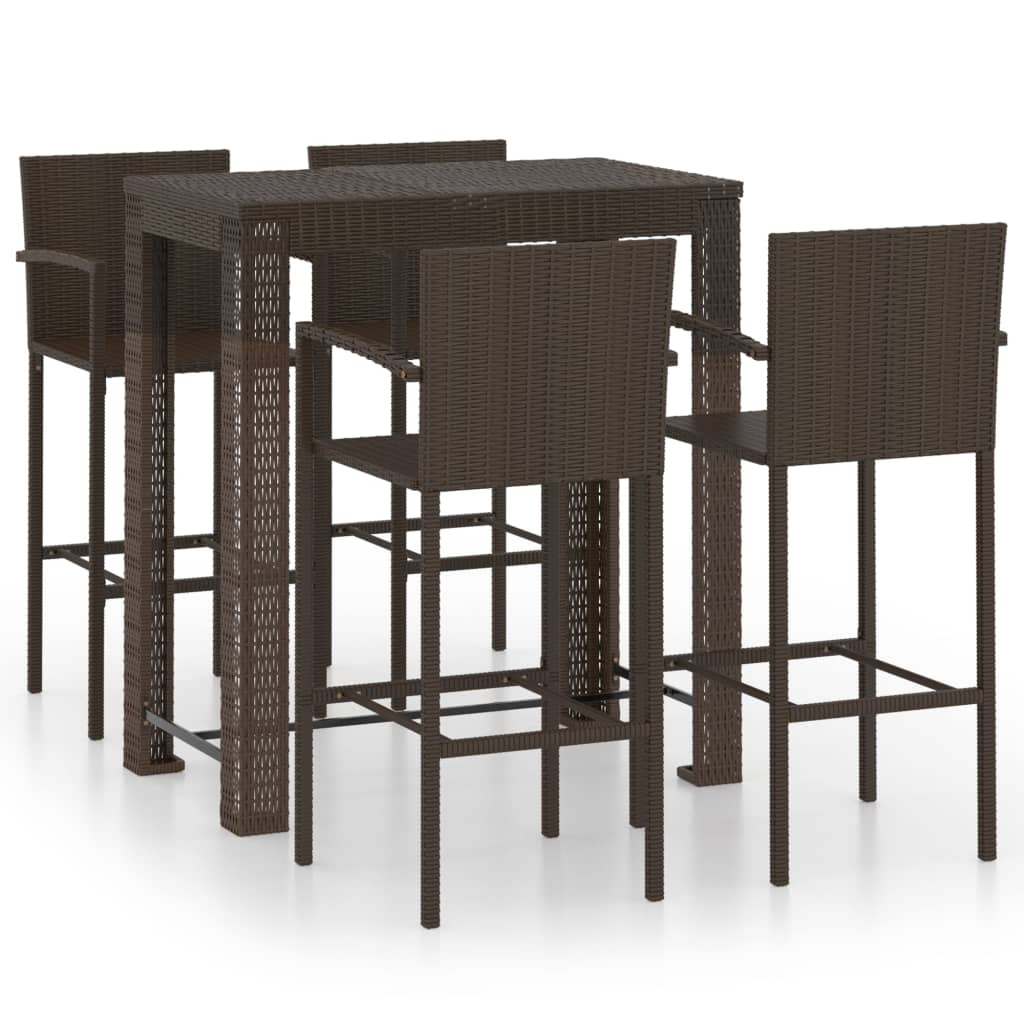 5 Piece Garden Bar Set with Armrests Poly Rattan Brown