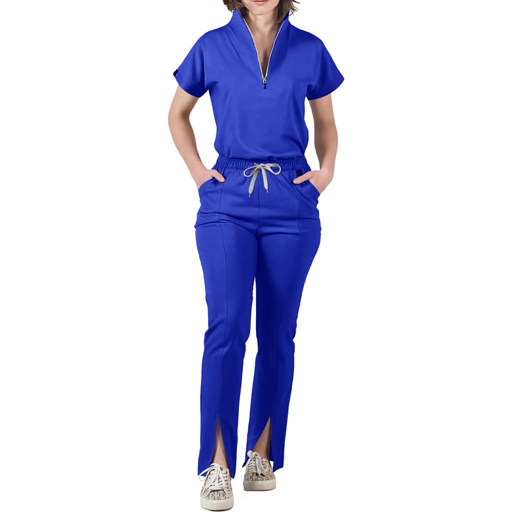 Women's Loose And Comfortable V-neck Short Sleeved Workwear With Multiple Pockets Suit Set