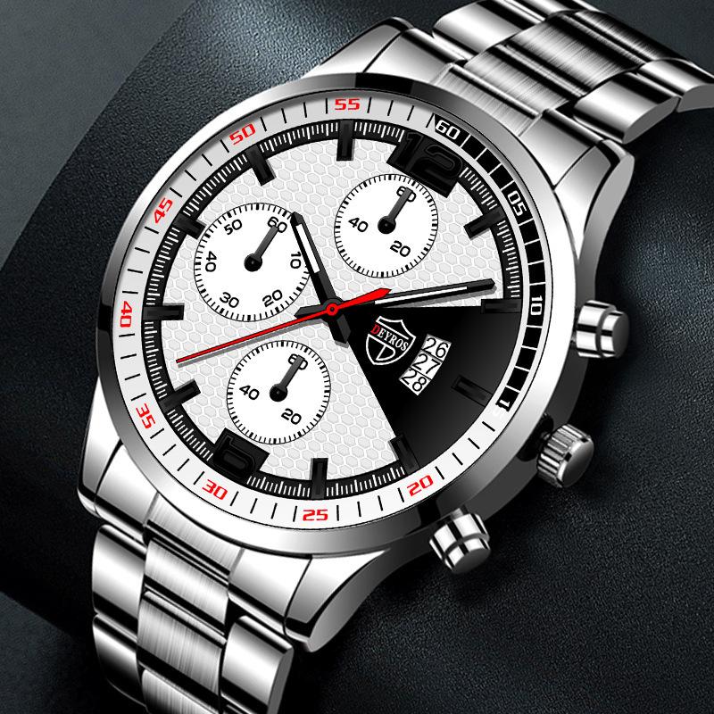 3PCS Set Fashion Mens Sports Watches Men Business Steel Quartz Wrist Watch Date Male Casual Necklace Bracelet Wristwatch Men Gift