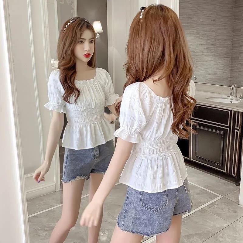 Короткая шифоновая рубашка с квадратным вырезом, топ с пышными рукавами, женская тонкая рубашка с коротким рукавом, женские блузки, простой повседневный стиль