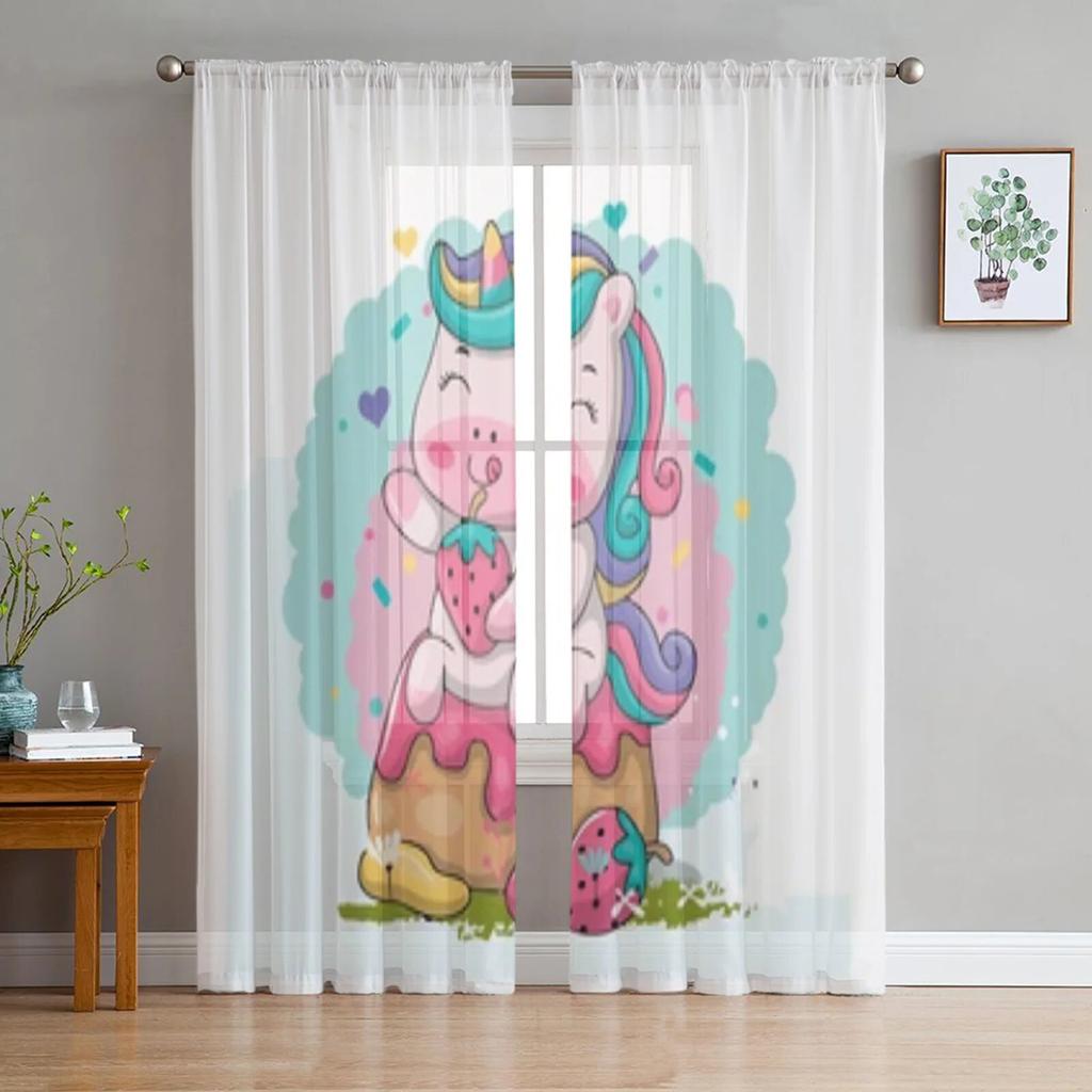 Милый мультяшный единорог с цветами, прозрачные шторы для гостиной, детская спальня, тюлевые шторы, кухонные шторы для окон
