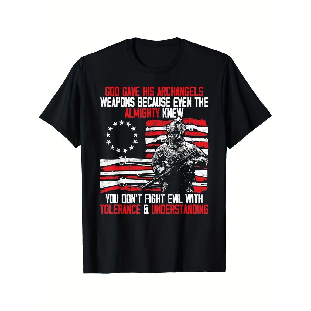 God Gave His Archangels Gun Soldier Veteran Day Gift T-Shirt 100% Cotton O-Neck Short Sleeve Summer Casual Mens T-shirt