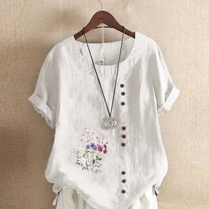 Women's Fashion Flowers and Plants Prined Short Sleeve T-shirt Loose Cotton Shirt Casual Loose Summer Blouse Tops Plus Size