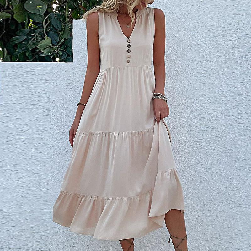 Sleeveless V Neck Casual Summer Women Dress Fashion Loose Elegant Office Ladies Dresses Layered Ruffled Solid A-line Female Dress 922