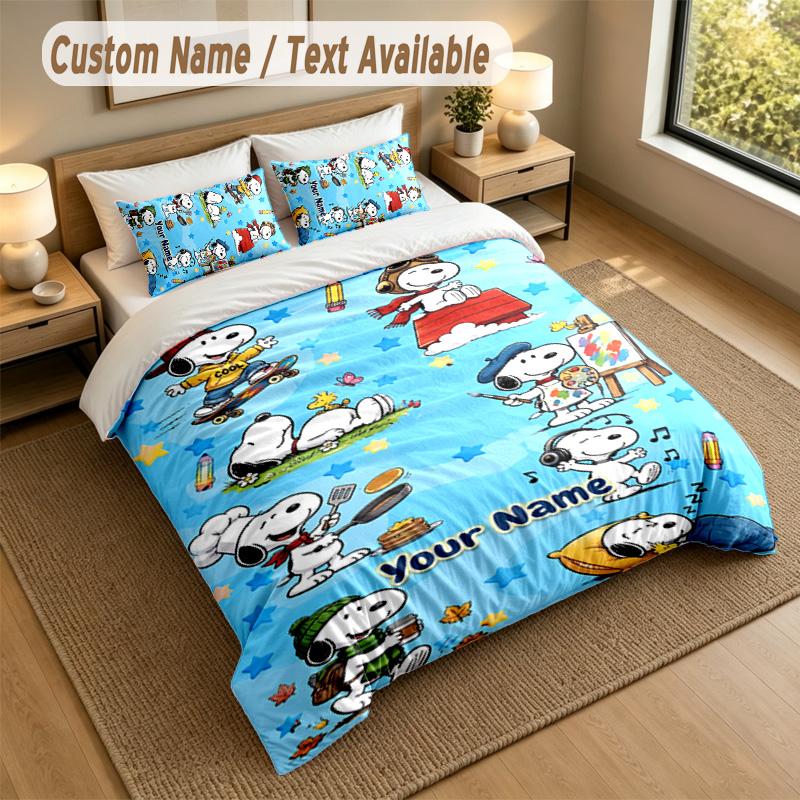 3Pcs Bedding Set Custom Name Text, 1 Sheet 2 Pillowcases Home Bed DecorSnoopy Peanuts