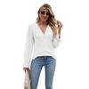 Autumn Winter Solid Color Lace Patchwork V-neck Long Sleeved Loose T-shirt Top Blouses & Shirts