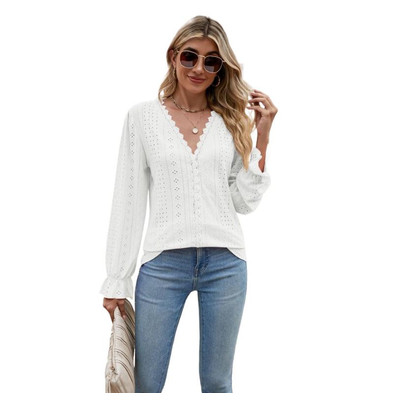 Autumn Winter Solid Color Lace Patchwork V-neck Long Sleeved Loose T-shirt Top Blouses & Shirts