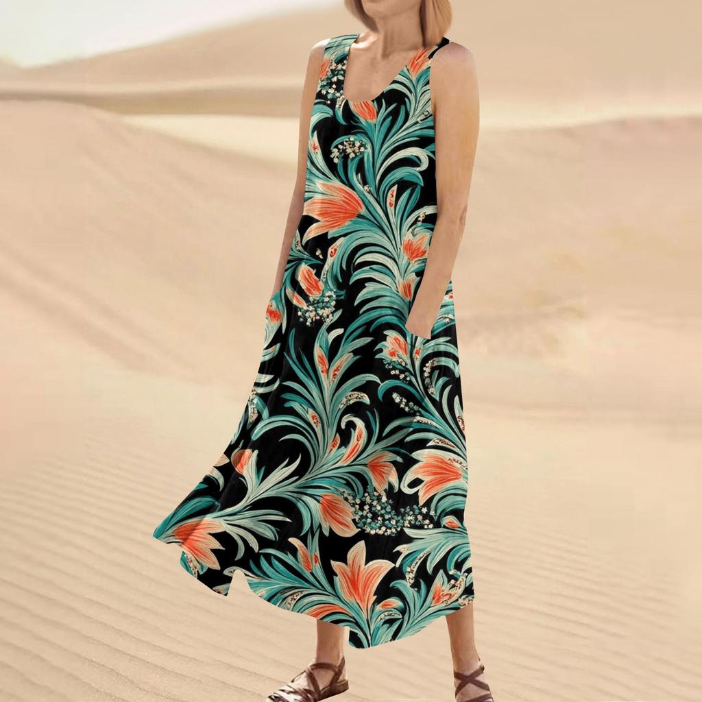 Женское летнее повседневное модное платье без рукавов с круглым вырезом и карманом с цветочным принтом