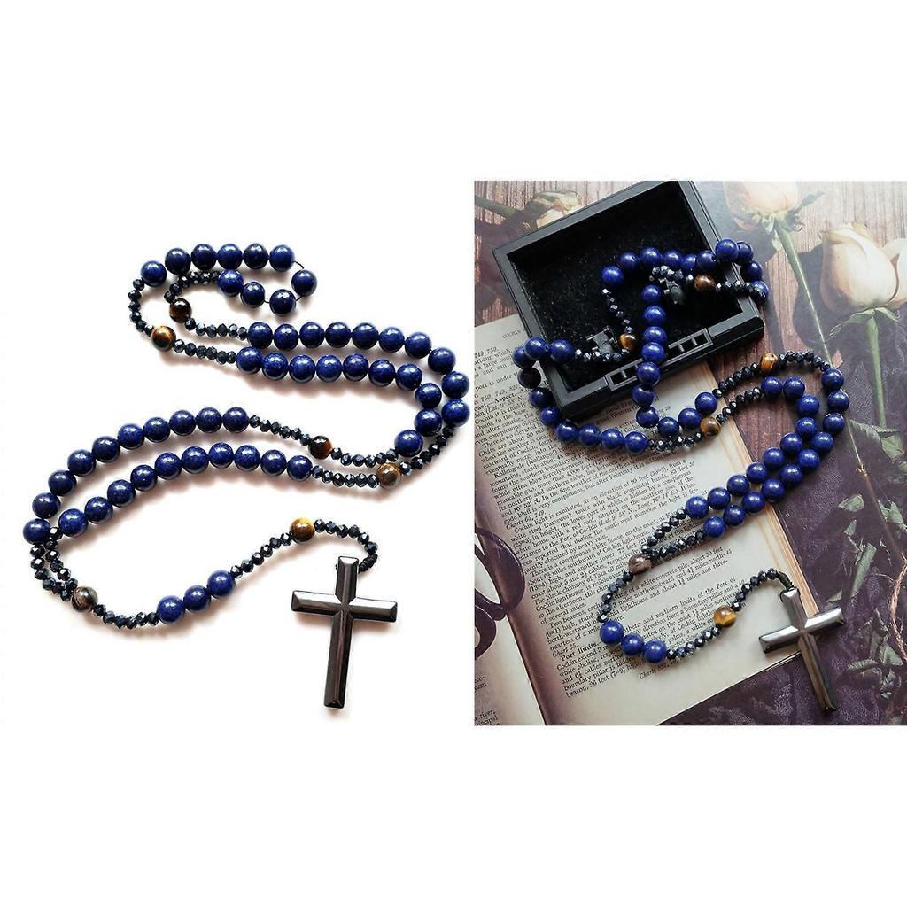 Quality Blue Stone Rosary Necklace with Cross for Men Nightclubs Fine Craftsmanship, Rosary Prayer Religious Necklace