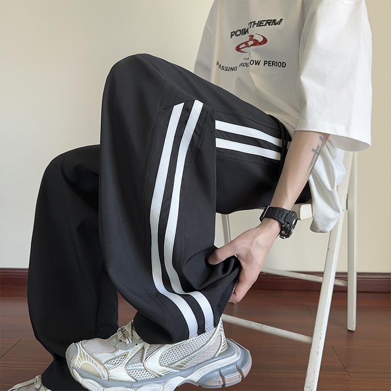 Полосатые брюки из ледяного шелка, мужские летние тонкие прохладные быстросохнущие повседневные брюки, свободные студенческие прямые брюки