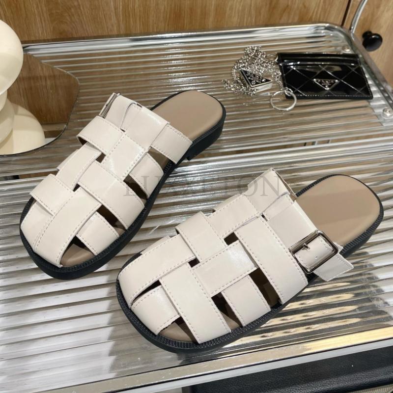 Retro Women Genuine Leather Mules Round Toe Flat Sandals Buckle Slippers Ladies Fashion Casual Shoes Summer