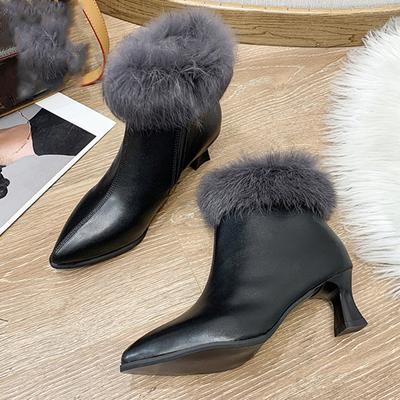 Ботинки «Челси» на высоком каблуке с мехом, остроносые, сексуальные, женские, короткие, плюшевые, теплые, ботильоны, кожаные, зимние, на платформе, женские