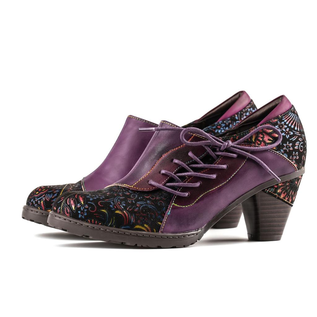 Johnature Retro Printed High Heels Genuine Leather Pumps Ethnic Style Flower Side Zipper Women's Shoes