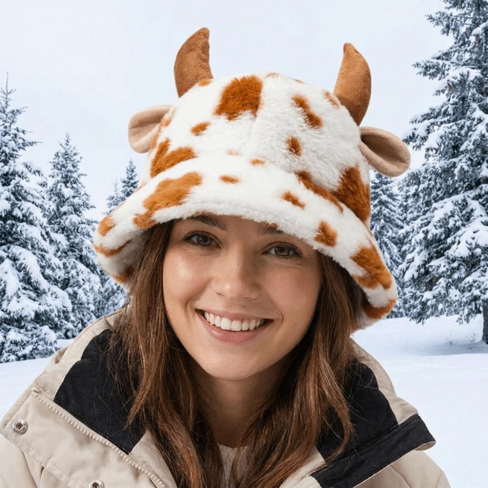 Faux Fur Cow Horn Bucket Hat Thicken Winter Plush Hat Retro Plush Fisherman Hat Outdoor