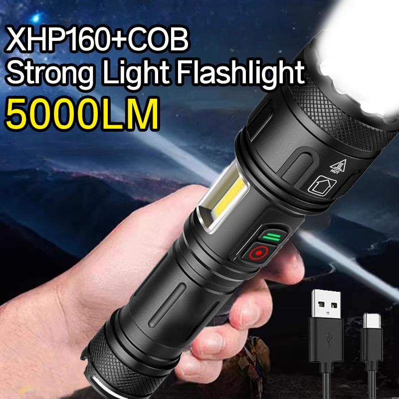 5000LM Высокая мощность XHP160 + COB фонарик TYPE-C Перезаряжаемый зум-фонарь для кемпинга, работы, чрезвычайной ситуации