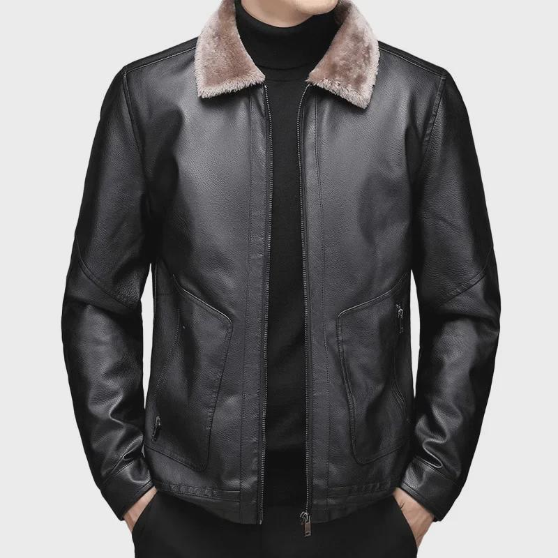 Мужская куртка из искусственной кожи с бархатной подкладкой 2024 года: Осенне-зимний деловой повседневный стиль, квадратный воротник.