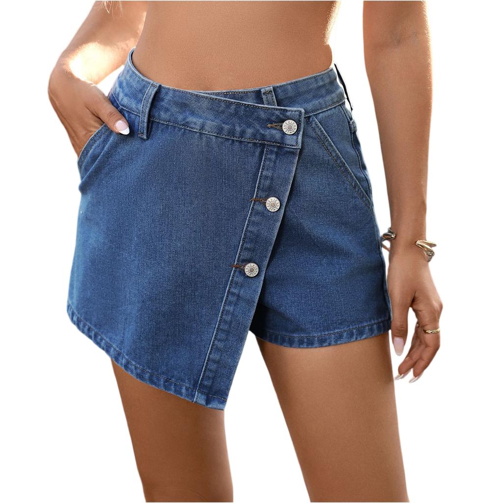 Женские летние повседневные джинсовые кюлоты с пуговицами и асимметричным кроем