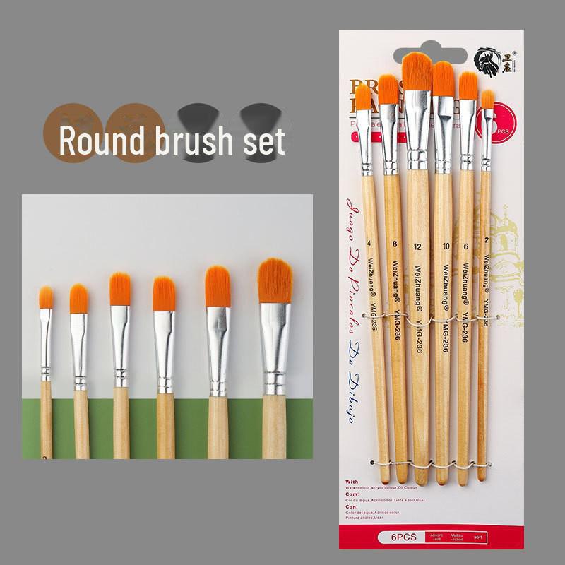 Set of 6 Cross-border Nylon Hair Oil Painting Brushes with Multiple Heads, Pearlescent White Handle, Ideal for Watercolor and Acrylic Art