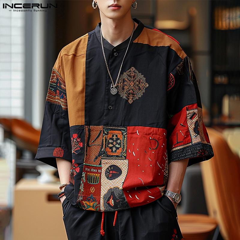 INCERUN Vinateg Men O Neck Short Sleeve Print Patchwork Shirt Chinese Style Tops