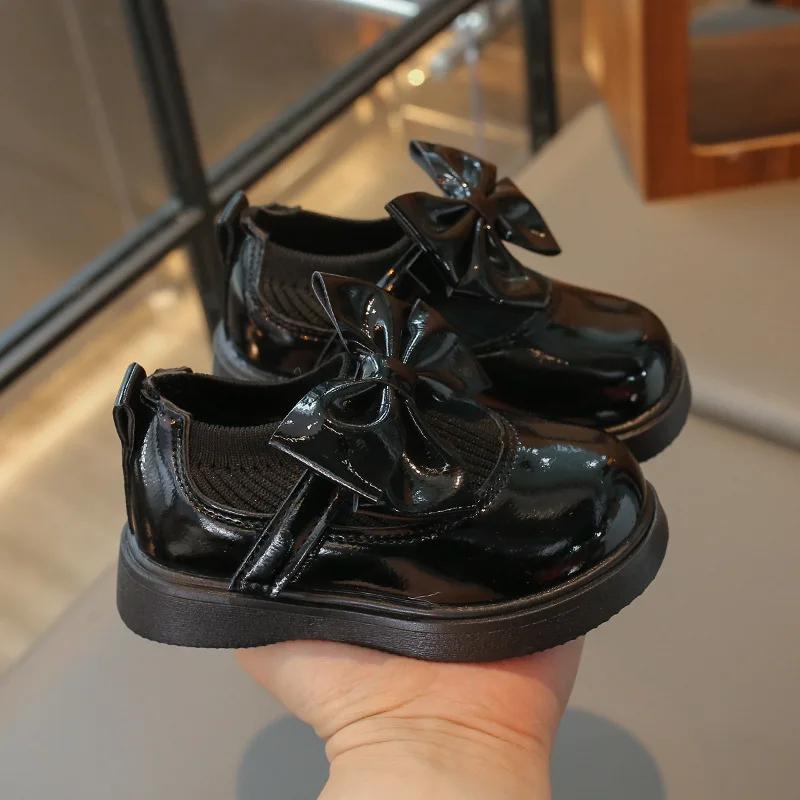 Модные новые вязаные туфли для девочек с бантом, из эластичной ткани, принцесса, детские балетки для школы, лоферы для маленьких детей на липучке, принцесса