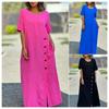 Summer Women's Fresh Sweet Round Neck Solid Color Fashionable Short Sleeved Casual Cotton Linen Long Casual Dresses