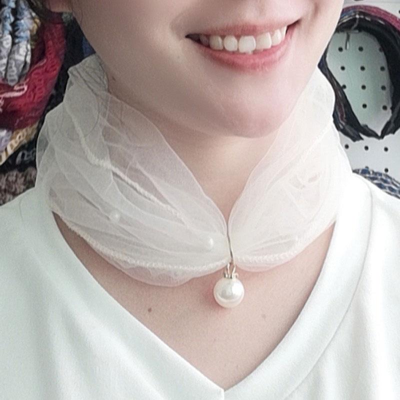 Женский шифоновый воротник с тонким воротником на шею, сетчатый шарф с искусственным жемчугом, маленький шелковый шарф с защитой от УФ-лучей