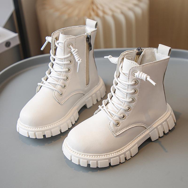 Girls Autumn Short Boots Winter Children Soft Soled Booties Girls Leather British Children's Boots Front Lacing Side Zippers