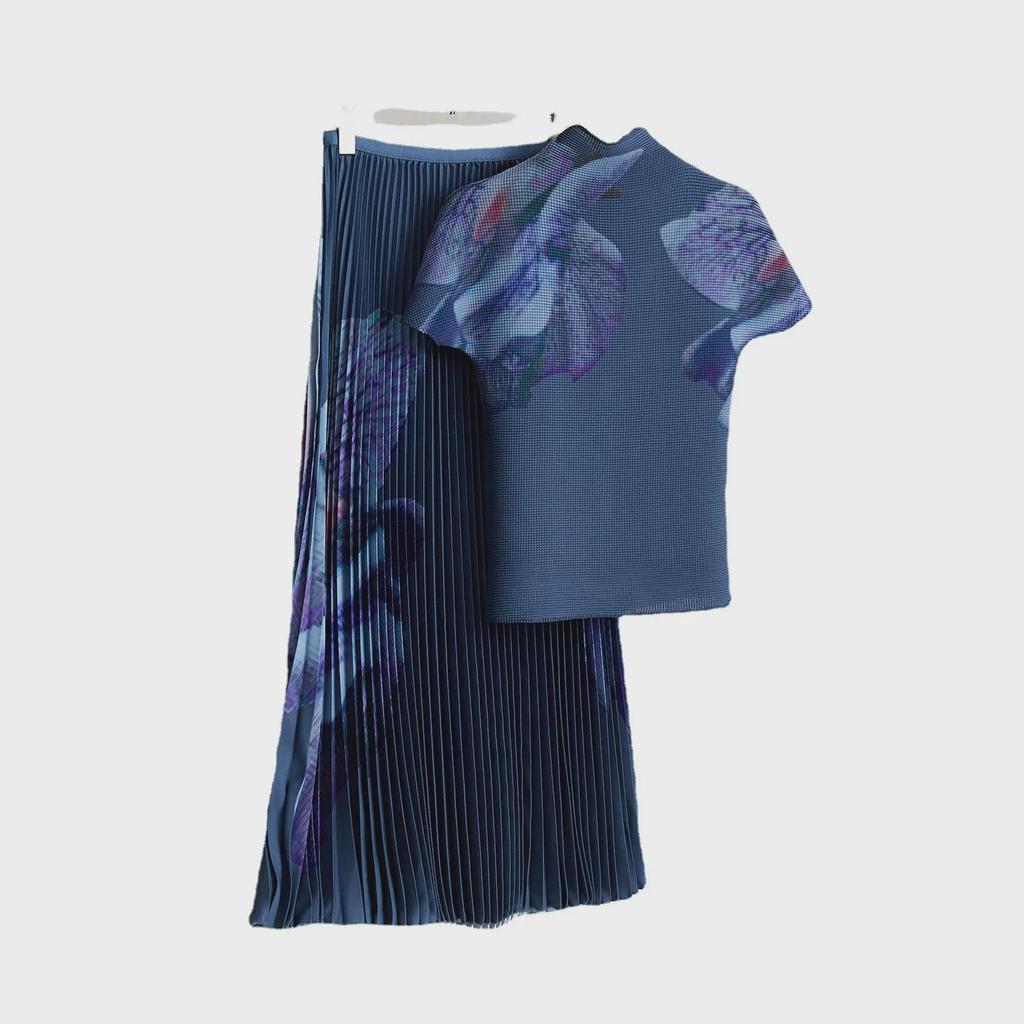 Женский костюм Western High-End с цветочным принтом и плиссированной юбкой - серия Miyake Me