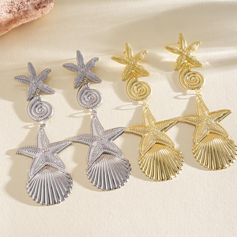 Exaggerated Metal Star Shell Long Drop Earrings for Women Personality Gold Silver Color Conch Earrings Vacation Style Jewelry