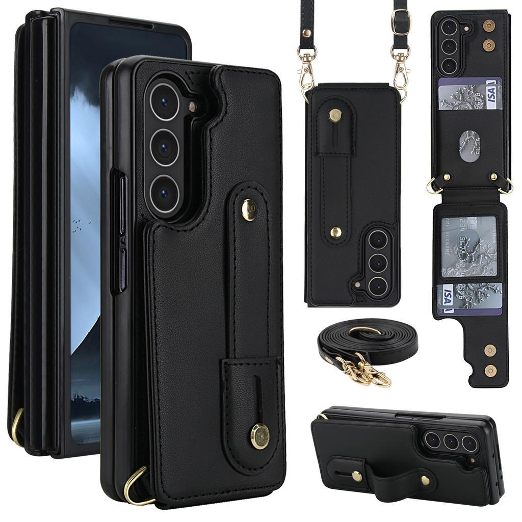 Crossbody Wristband Wallet Phone Case For Samsung Galaxy Z Fold 7 6 5 4 5G Double Magnetic Button Card Slot Wrist Design Cover
