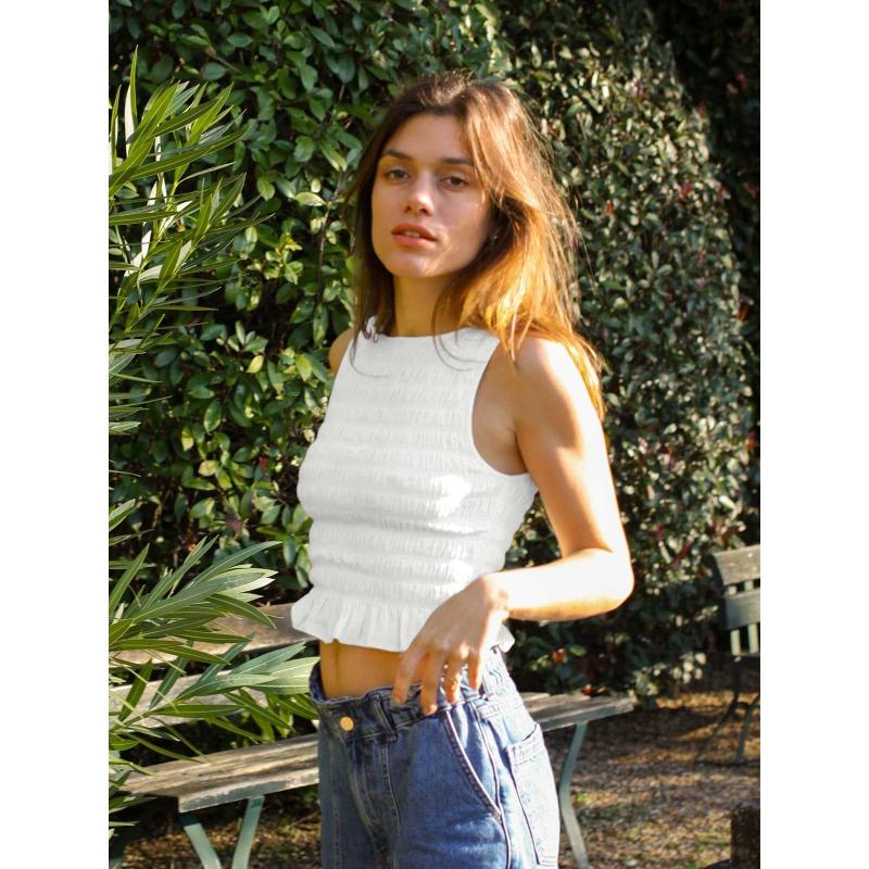 Женский весенний новый плиссированный топ с высокой эластичностью и оборкой по краю