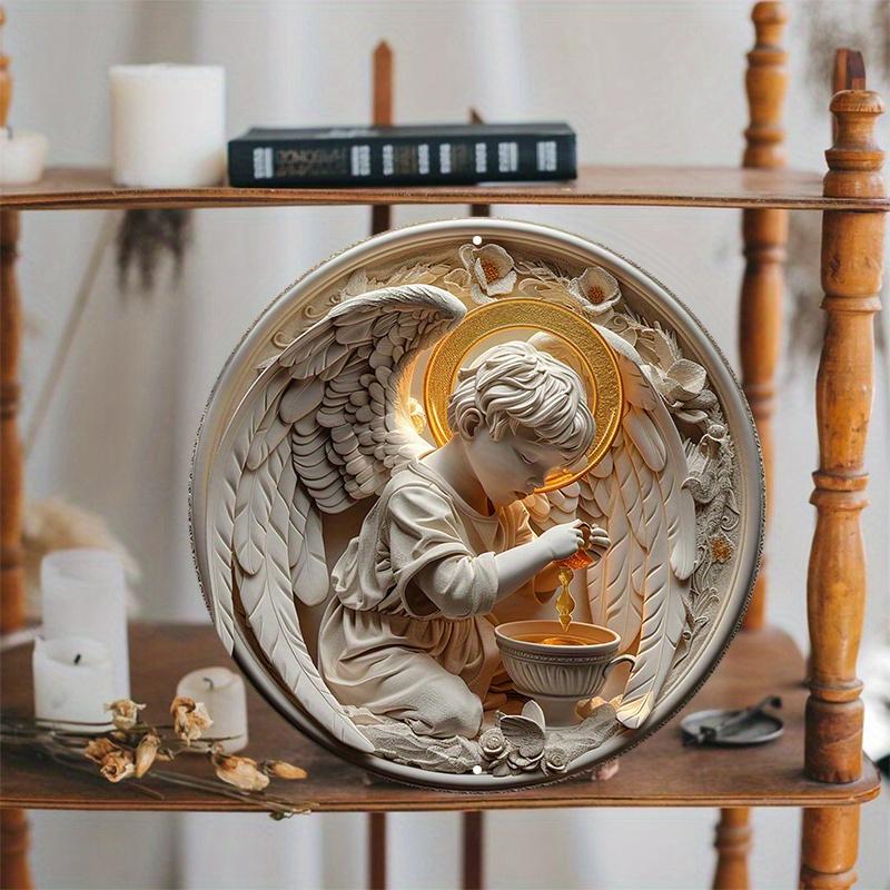 Маленький ангел-мальчик круглый деревянный настенный знак, устойчивый к царапинам, наружное и внутреннее украшение, настенное искусство, домашний декор