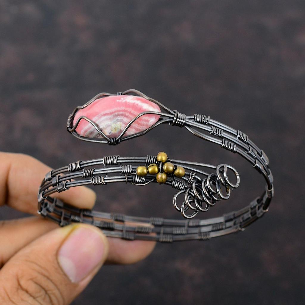 Браслет-манжета с родохрозитом, медная проволока, регулируемый браслет, антикварные ювелирные изделия ручной работы, браслет из настоящего драгоценного камня, ювелирные изделия из медной проволоки для подарка
