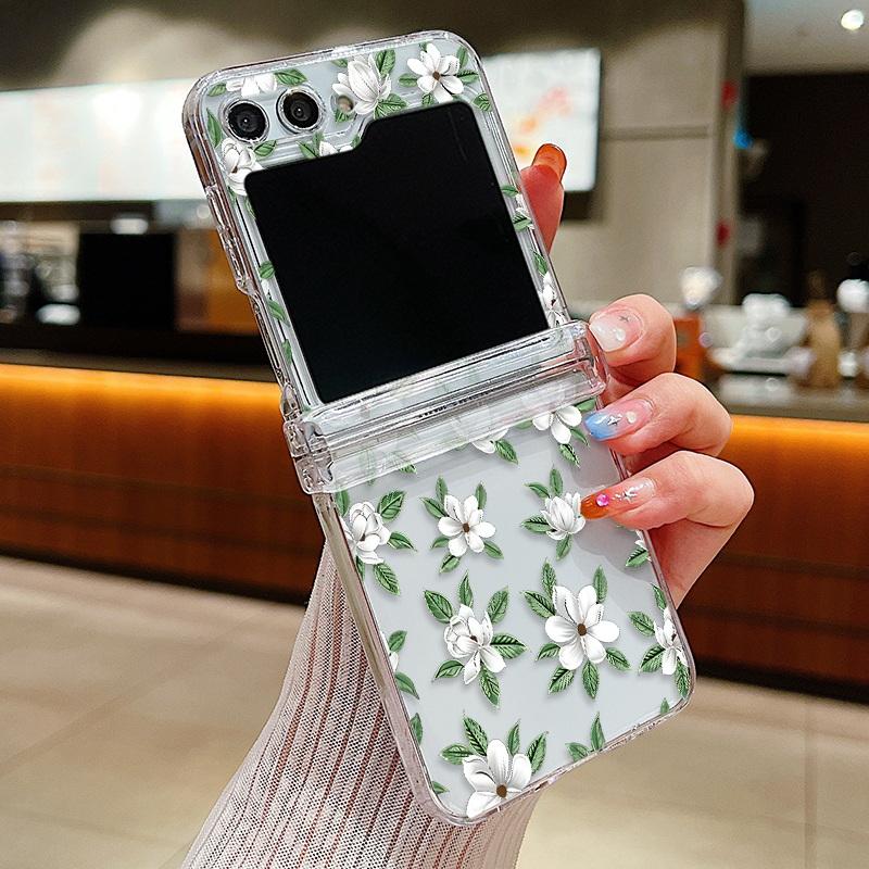 Floral Flowers Case For Samsung Galaxy Z Flip 6 5 4 3 5G Shockproof Hard PC Folding Clear Phone Cover Coque For Samsung Z Flip6