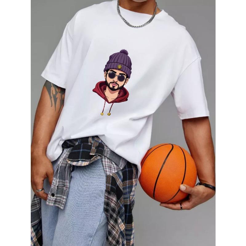 White T-Shirt with Cartoon Man Wearing Beanie and Sunglasses Print for Casual Wear