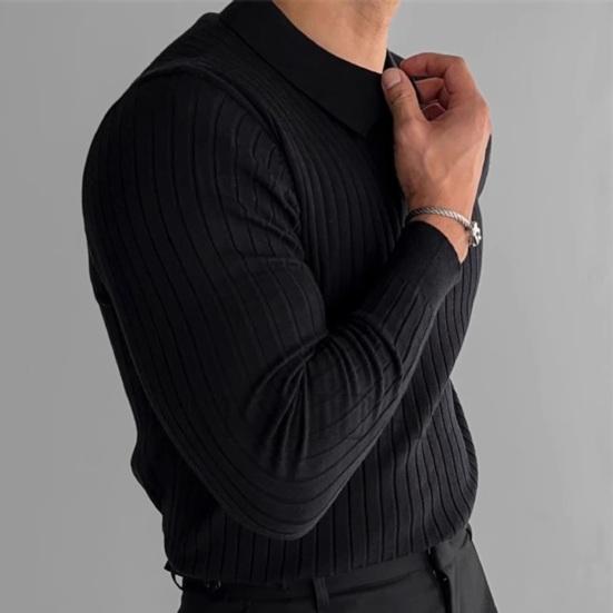 Весна Осень Мужской Верхний Трикотажный Нитка Slim Fit Пуловер Отложной Воротник Длинные Рукава Эластичный Чистый Цвет