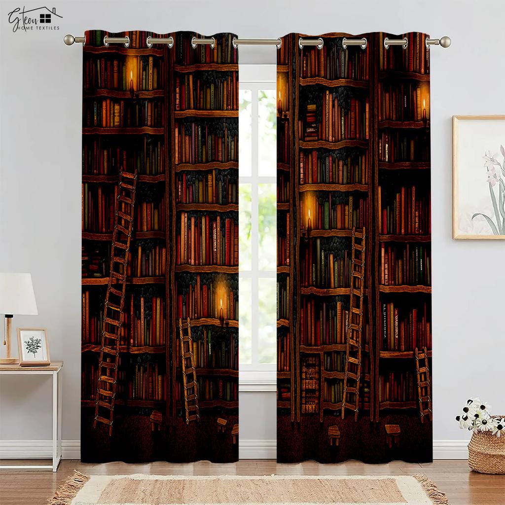 Ретро книжный шкаф 3D-печать Шторы Спальня Гостиная Кухонная зона Кабинет Карман для шторной палки Машинная стирка Комплект из 2 штук
