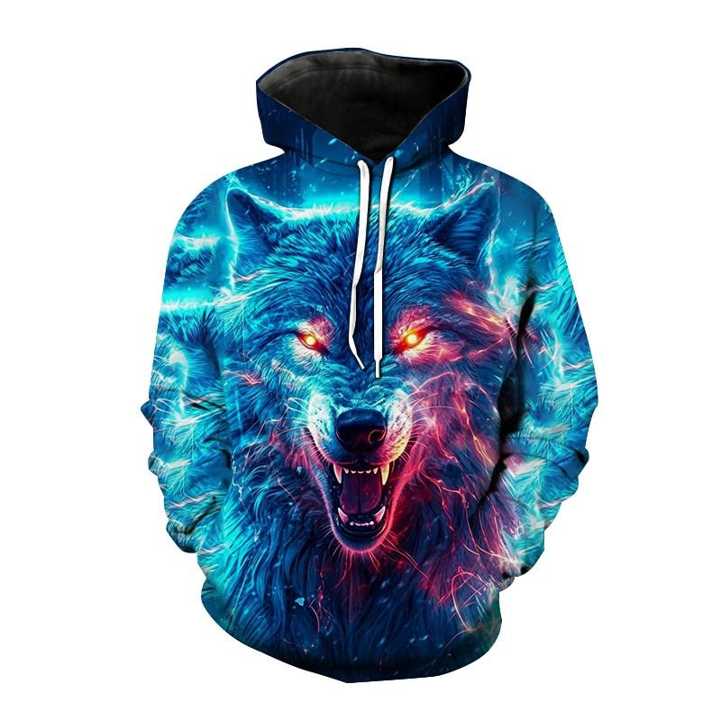 2024 Новые модные мужские толстовки с капюшоном с принтом 3D волка, свободная толстовка для мужчин, уличная толстовка с капюшоном, забавный пуловер с капюшоном