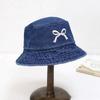 Korean Bow Embroidery Hat Sweet Washed Denim Hat Trendy Bowknot Bucket Hat  for Girls