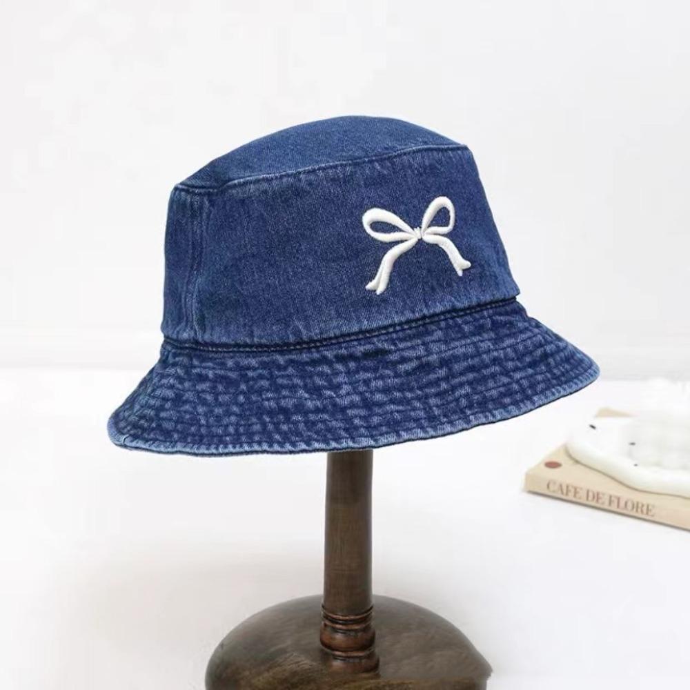 Korean Bow Embroidery Hat Sweet Washed Denim Hat Trendy Bowknot Bucket Hat for Girls