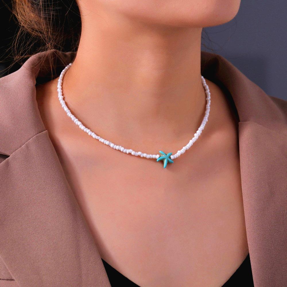 Ракушка морская звезда Женское короткое ожерелье летний праздничный подарок ручной работы колье бисер шея украшения белый