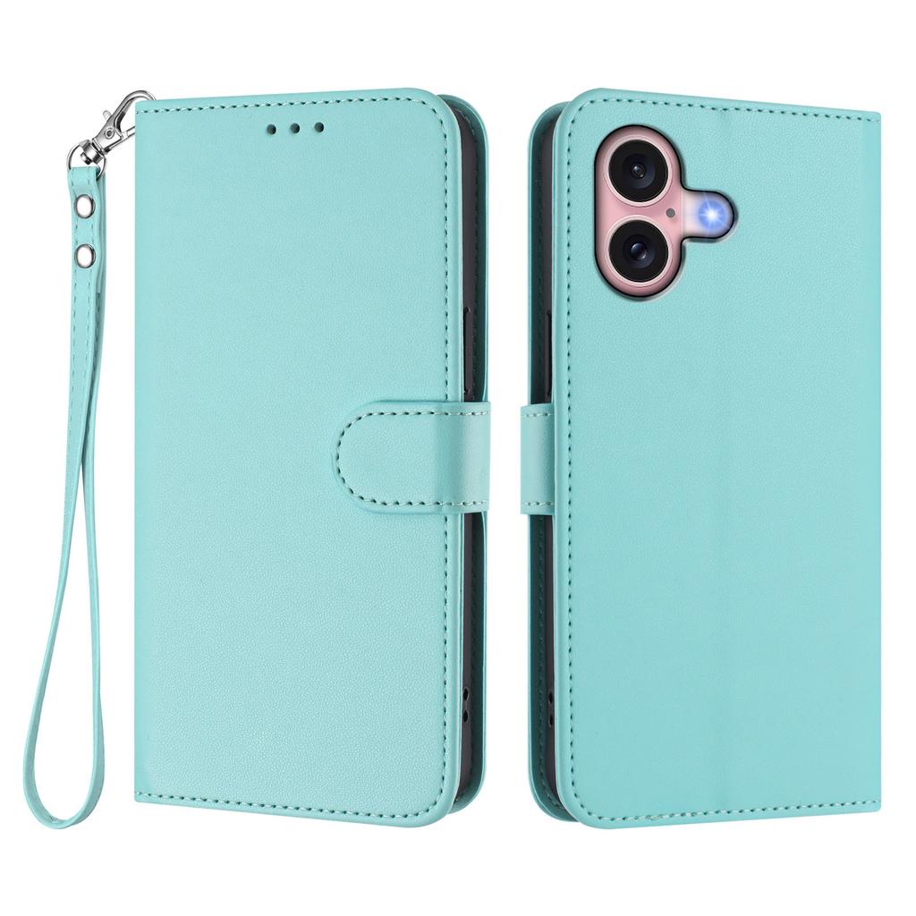 For iPhone 16 Leather Case Wallet Stand Phone Cover with Wrist Strap