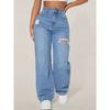 Mom Jeans Women Denim Pant Wide Leg Long Pants Hole High Waist Straight Trousers Y2k Streetwear Work Splice Casual Punk