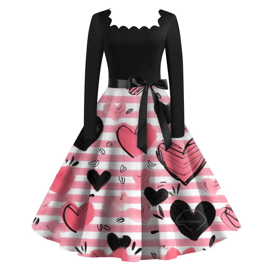 Женское винтажное классическое платье с длинным рукавом и принтом ко Дню святого Валентина, свободное платье с квадратным воротником