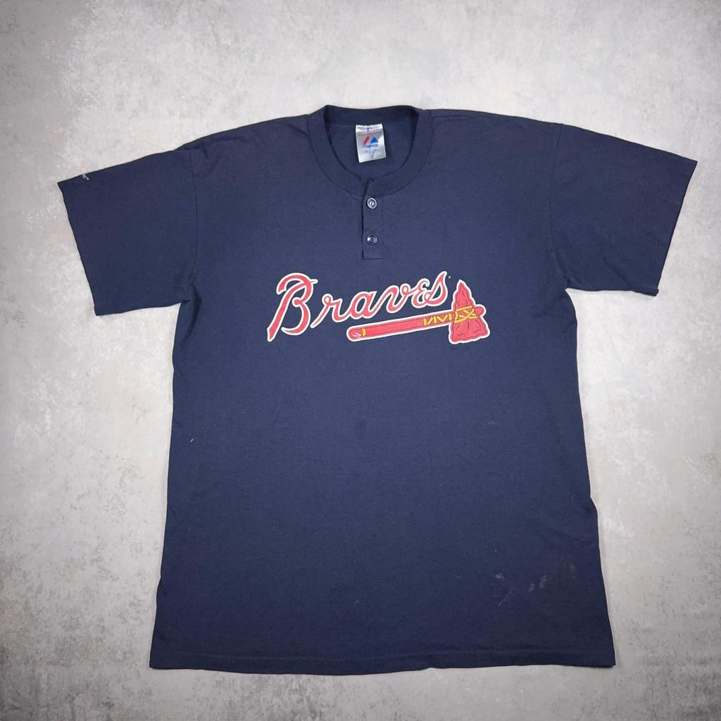 Винтажная футболка-henley Atlanta Braves MLB и детская футболка - Бейсбольная футболка Majestic, Y2K, Темно-синяя, XL