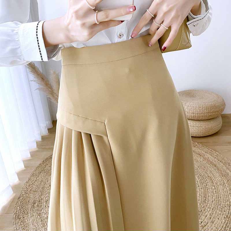 Простая нерегулярная однотонная драпированная плиссированная юбка, женская весенняя темпераментная пригородная юбка трапециевидной формы с высокой талией средней длины
